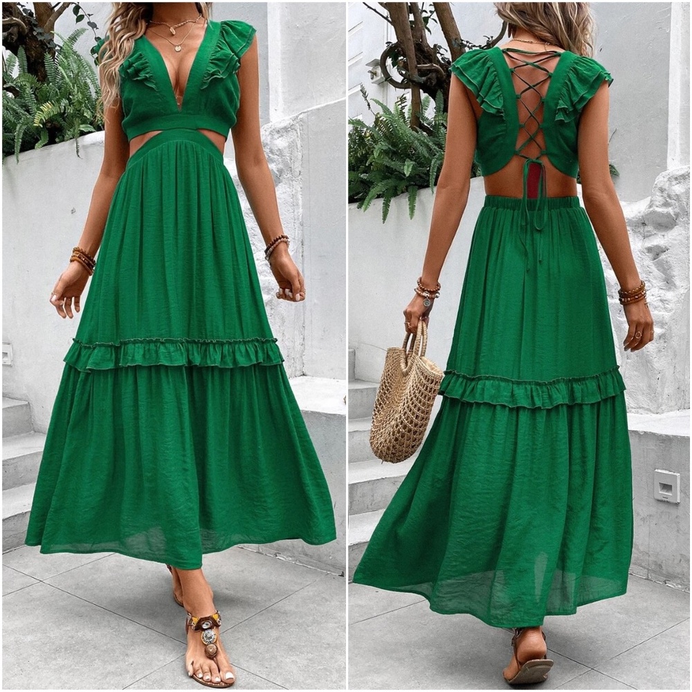 Sexy Lace up back cut out Ruffle Sleeve Maxi Dress - Picture 1 of 4